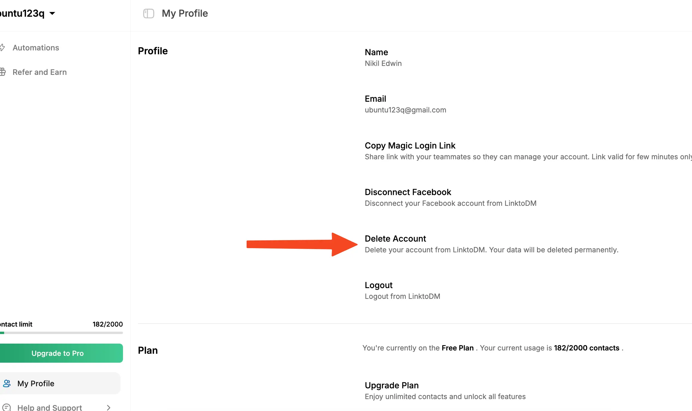 LinktoDM My Profile page showing Delete Account option highlighted with orange arrow